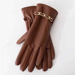 Guantes de cuero PU con cadena para mujer, manoplas gruesas de terciopelo cálido, dedo completo, conducción al aire libre, pantalla táctil, moda de invierno