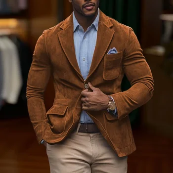 Men's Suede Brown Blazer Vintage Slim Fit Notched Lapel Formal Jacket High Quality Flap Pocket Sport Coat For Business Casual 15