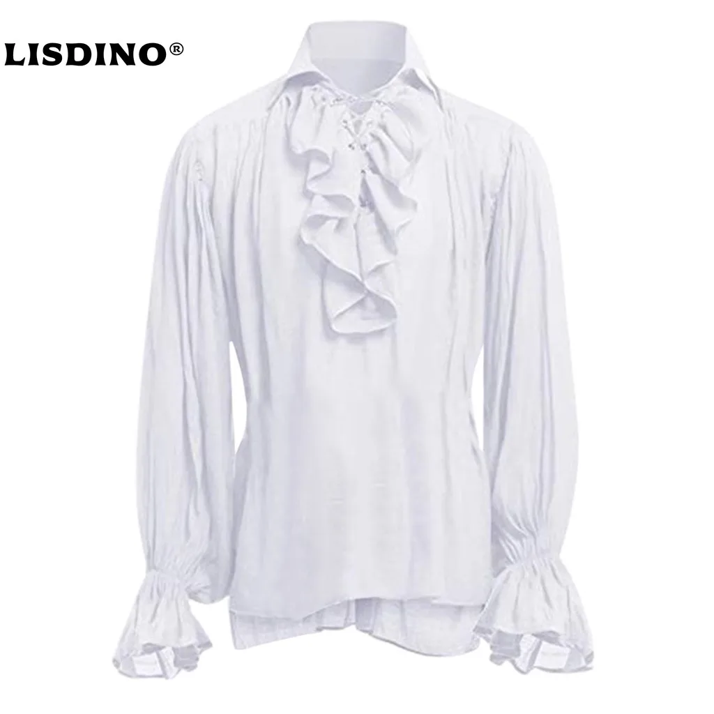 

1Medieval Viking Halloween Costumes Autumn Casual Shirts Steampunk Cosplay Bandage Long Sleeve Ruffled Shirt Gothic Blouse Tops