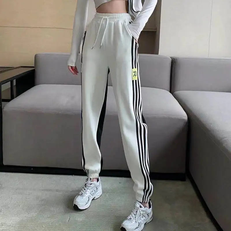 New Casual Women's 2024 Autumn Patchwork Striped Ankle Elasticized High-waisted Pocket Loose Versatile Sports Harun Pants