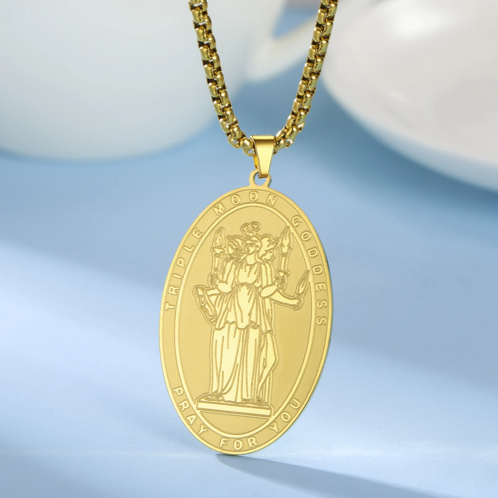 1pc Hecate Double Sided Necklace Triple Moon Goddess & Wheel Symbol Stainless Steel Pendant AmuletBox Chain Luck Protection  ﻿