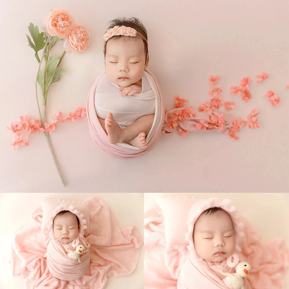 Newborn Photography Props Soft Knitted High Elastic Wrap Cloth Hat Prop Pink Flower Theme Baby Girl Photo Background Accessories