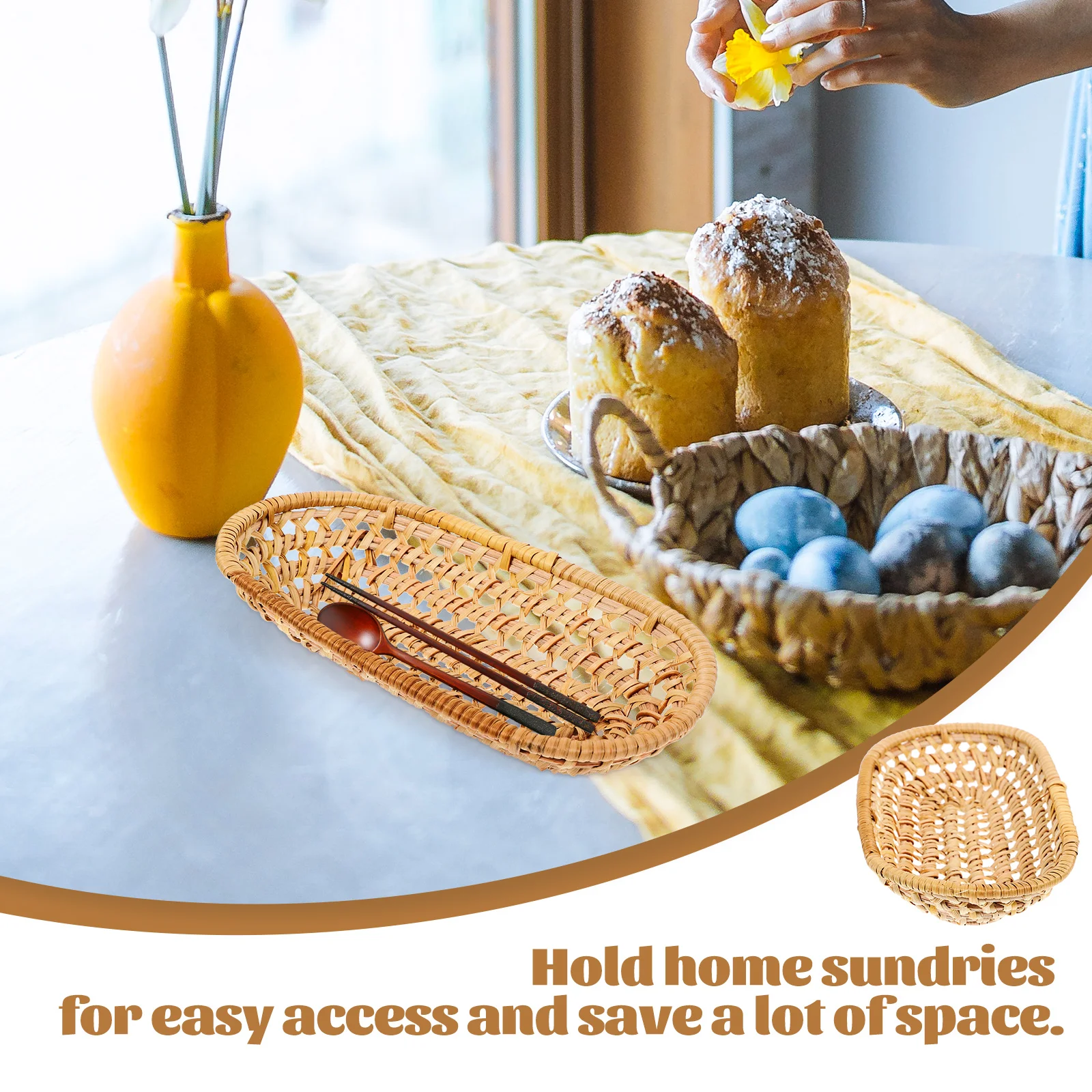 

Rattan Towel Tray Basket Eco-friendly Handmade Storage Organizer Woven Plate Basket Rattan Tableware Kitchen Bathroom Living