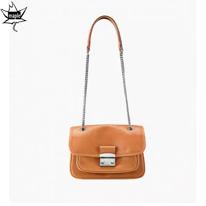 

Retro Style Chain Lock Design Flap Bag Simple Cowhide Leather Women's Shoulder Crossbody Bag High-end Durable Purse