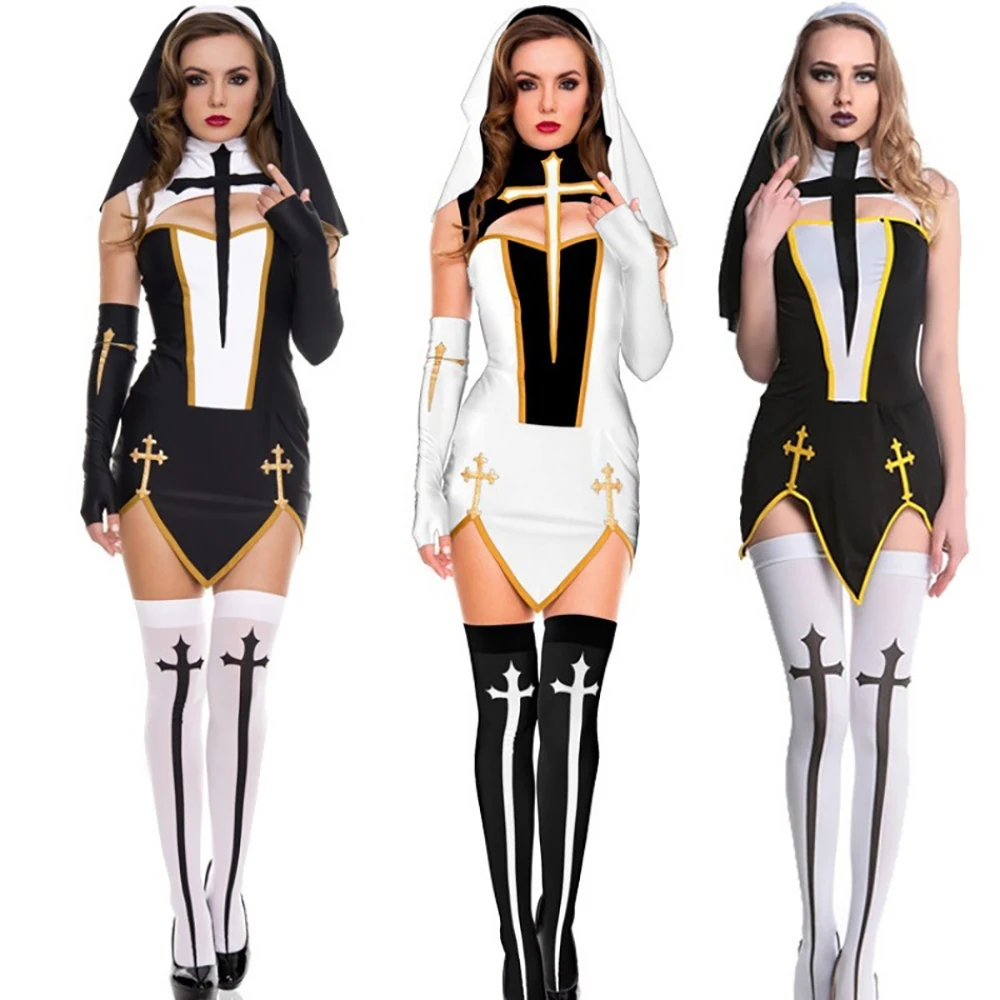

Sexy Ladies Clothes Cosplay Costumes Nun's Habit Black And White Color Scheme Themed Party Dresses For Women S-XL Short Dresses