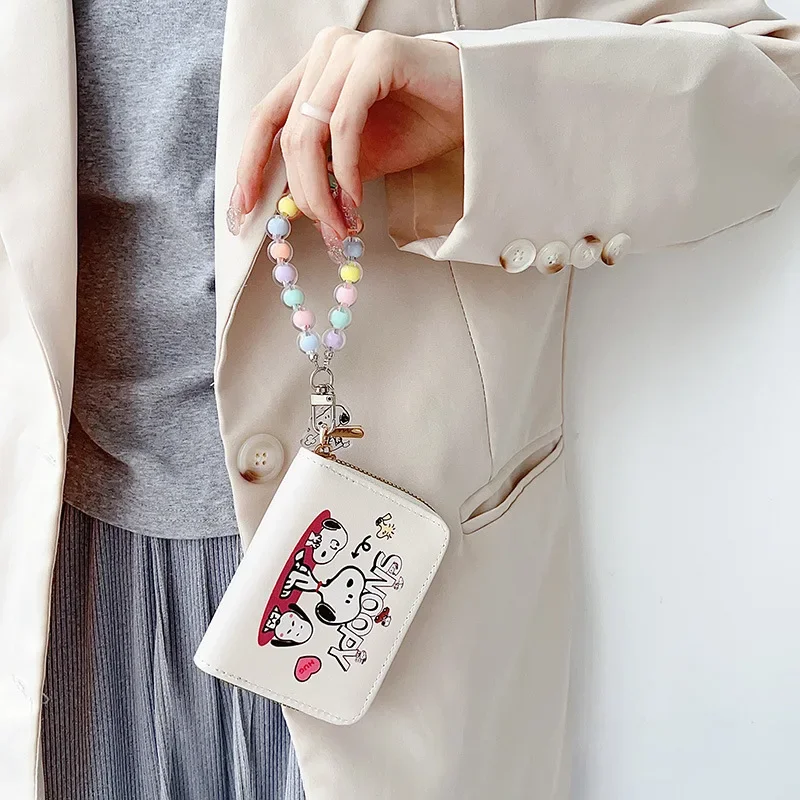 Snoopy Coin Purse Cartoon Anime Card Bag Women Zipper Short Small Purse PU Leather Multi Caro Slot Wallet with Pendant Lanyard
