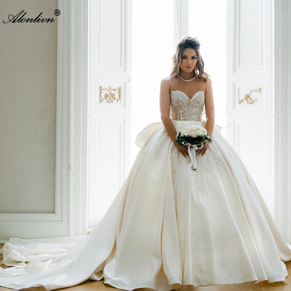 Alonlivn Custom Made Luxury Beading Embroidery Lace Sweetheart Wedding Dresses Delicate Lace Crystals Bridal Gowns With Bow