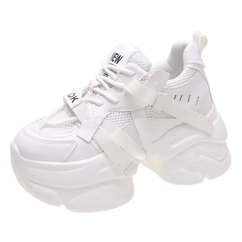 8CM Women's Summer Mesh Chunky Sneakers White Platform Sport Shoes for Women Breathable High Heels Thick Bottom Vulcanized Shoes