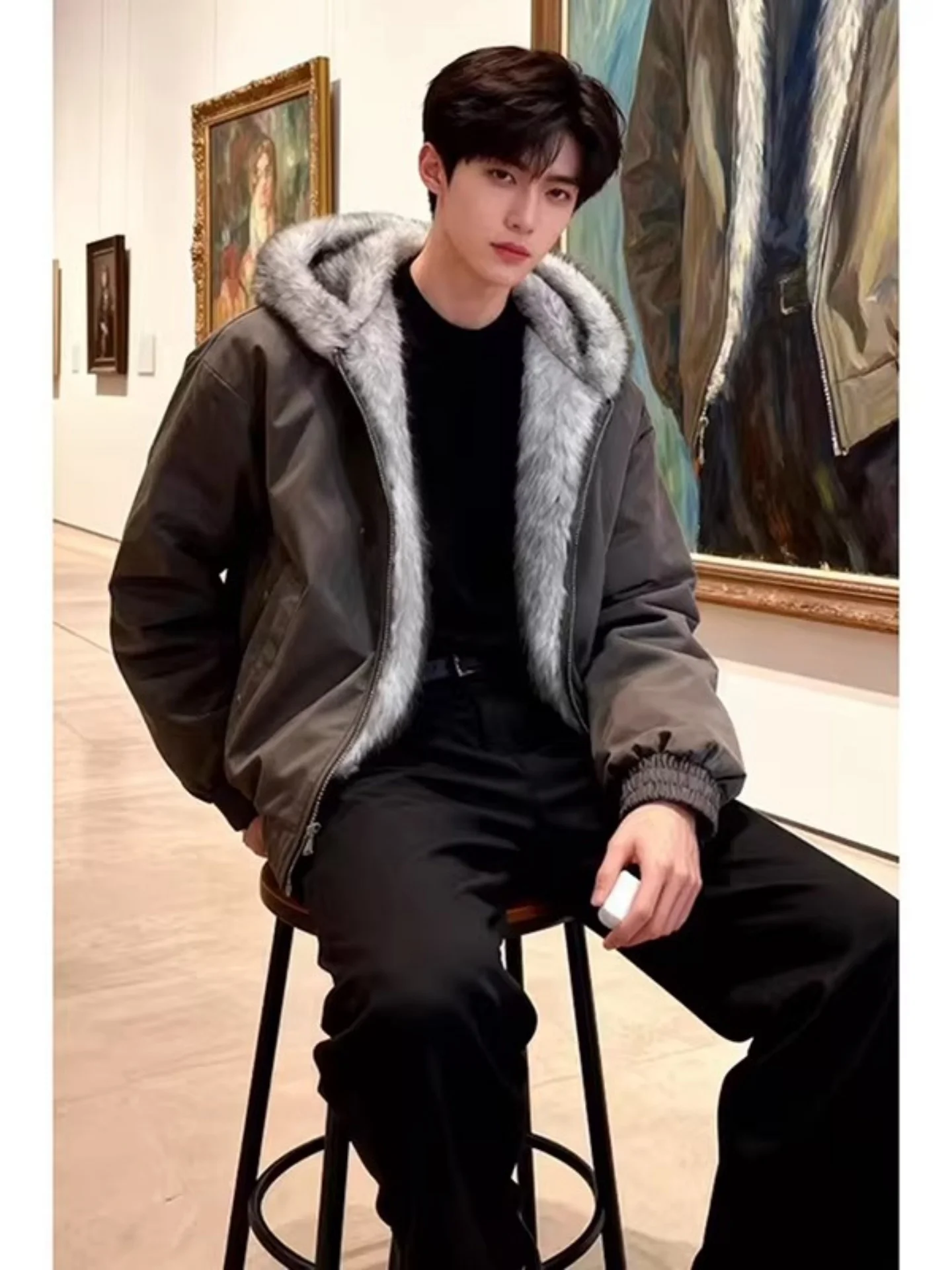 

American Wolf King Thickened Faux Fur Hooded Cotton Jacket Men's Winter High Sensation Cool Big Fur Collar Coat Warm Youth