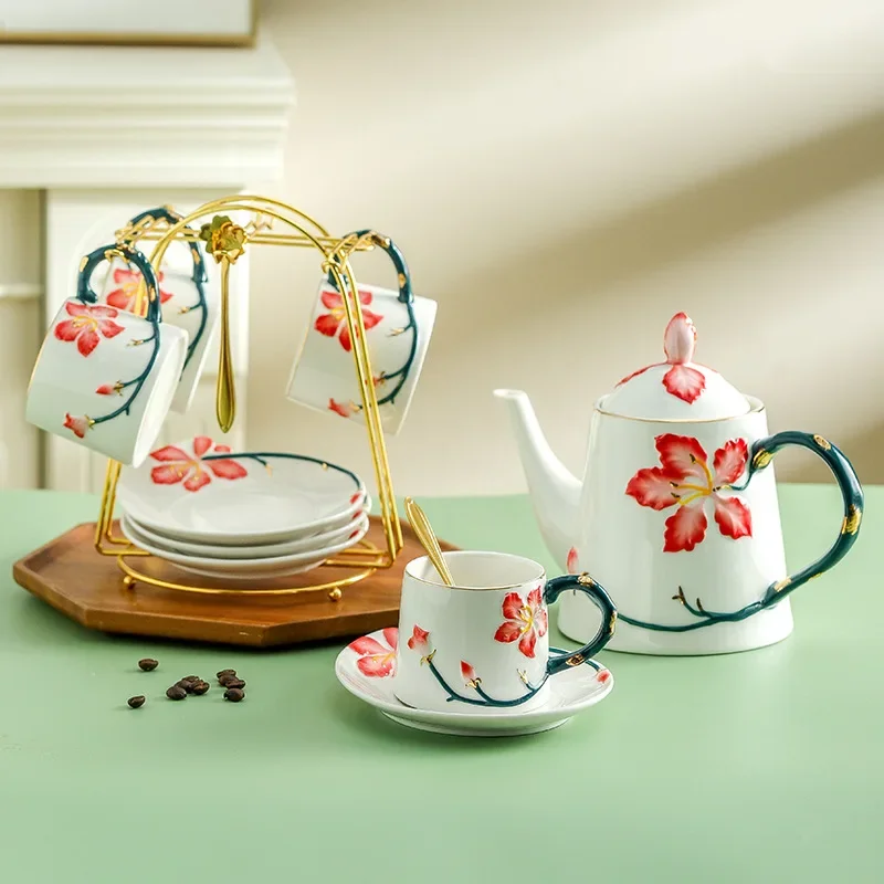 

Chinese Modern Style Bone China Coffee Cup Set Coffee Pot Spoons Exquisite Ceramic Teapot Tea Cup Saucer Christmas Presents