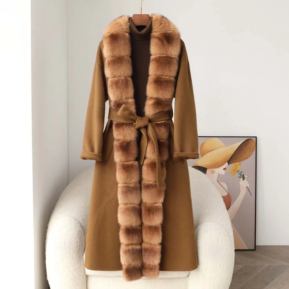 

Новинка 2023 года, женская куртка из натурального лисьего меха, осенне-зимняя кашемировая шерстяная куртка, женское шерстяное пальто с поясом