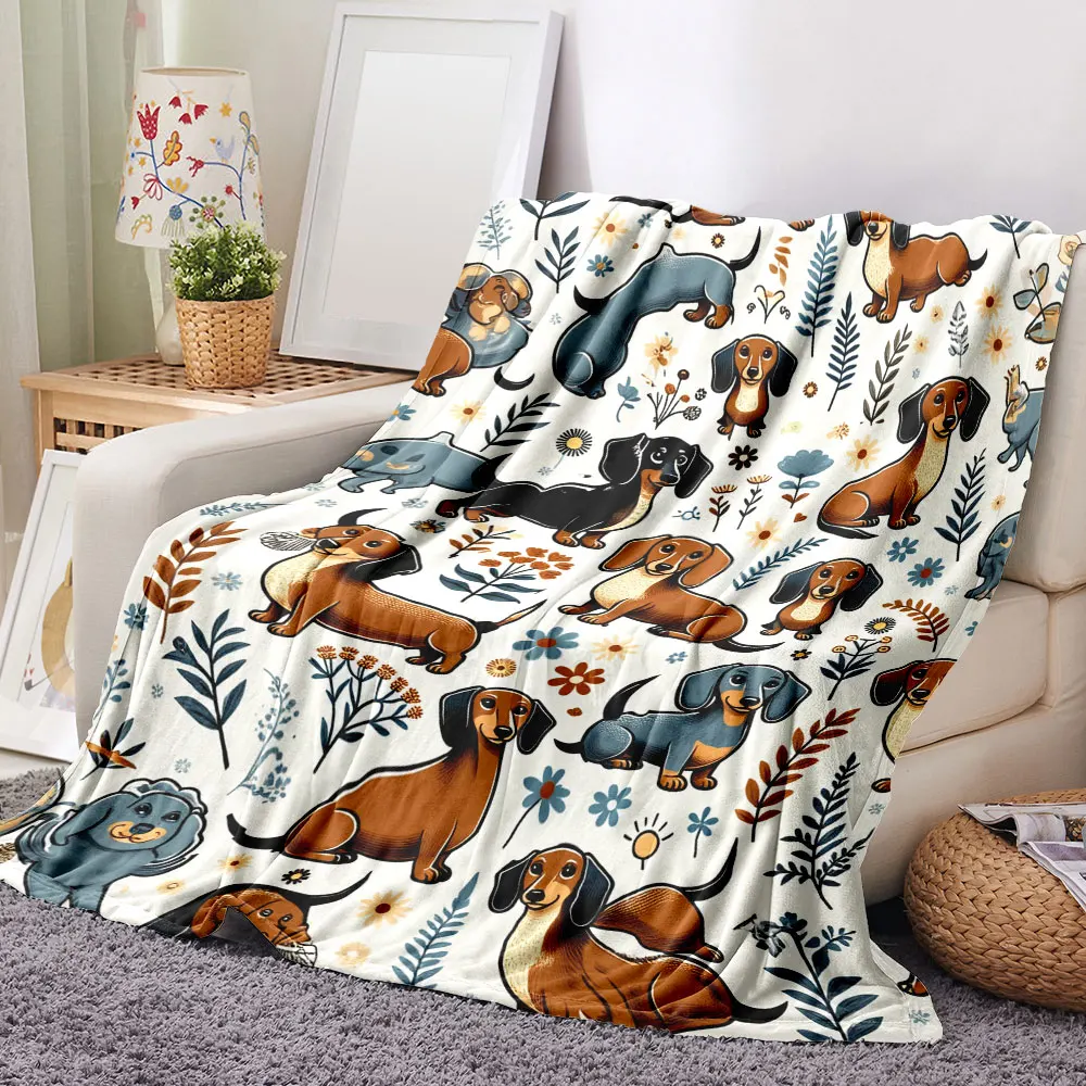 Whimsical Dachshund Floral Pattern Blanket - Light Off-White Background with Cute Brown, Black, Blue-Gray Dogs, Flowers, Leaves