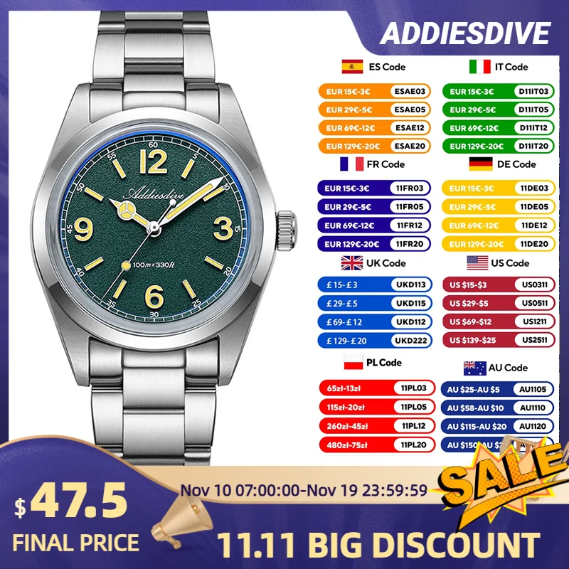 ADDIESDIVE Мужские часы Новинка 2025 года AD2518 AR Покрытие Куполообразное стекло Водонепроницаемые 100 м Нержавеющая сталь Светящиеся кварцевые часы VH31