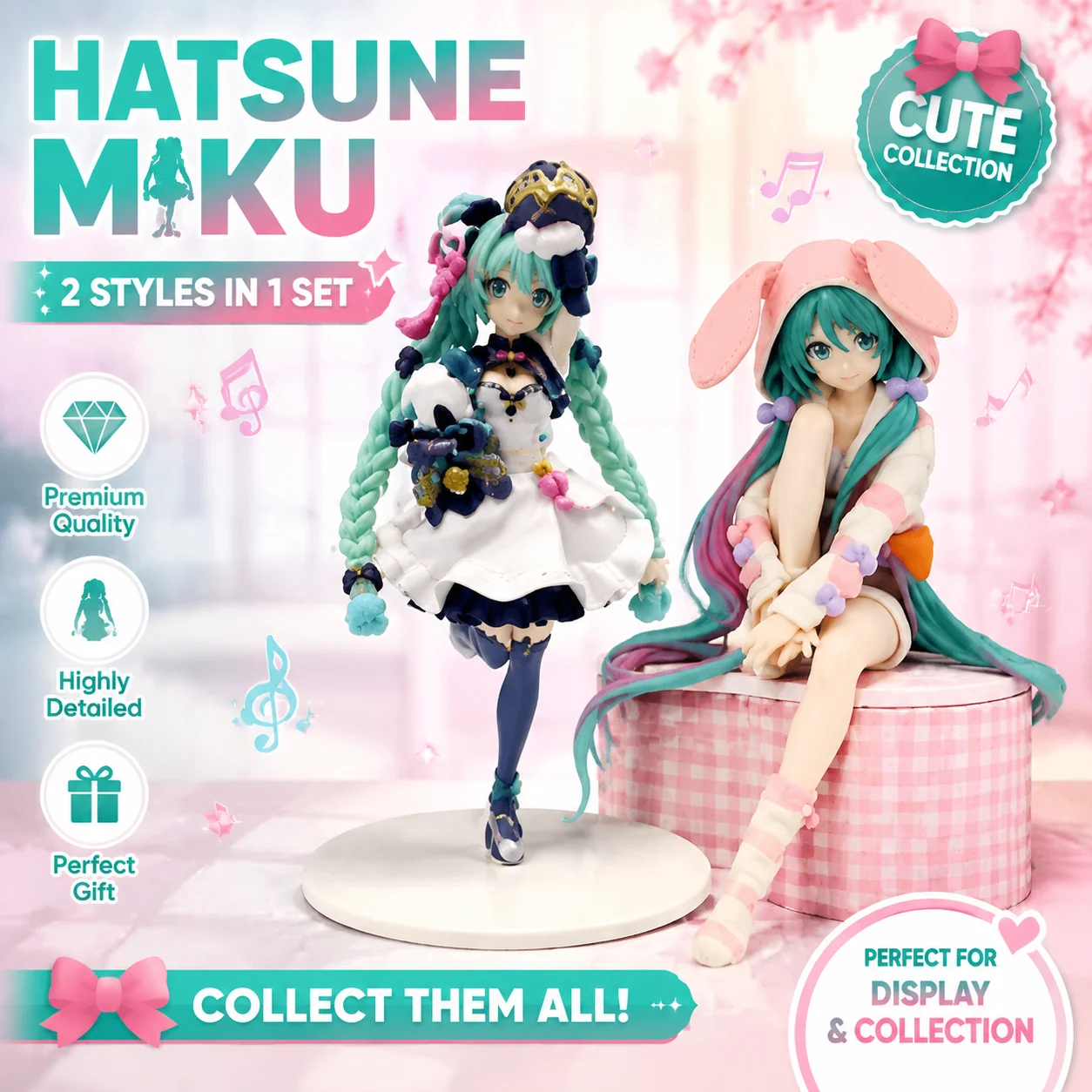 9Pcs Anime Fashion Hatsune Miku Figure Rabbit Ear Pajamas Lollipop Hatsune Miku Action Figures Kawaii Girl Collection Model Toys