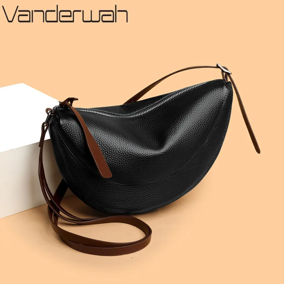 

100% Top Layer Genuine Cowhide Leather Crescent Bag, Soft Lychee Texture Large Capacity Half-Moon Small Crossbody Shoulder Bag