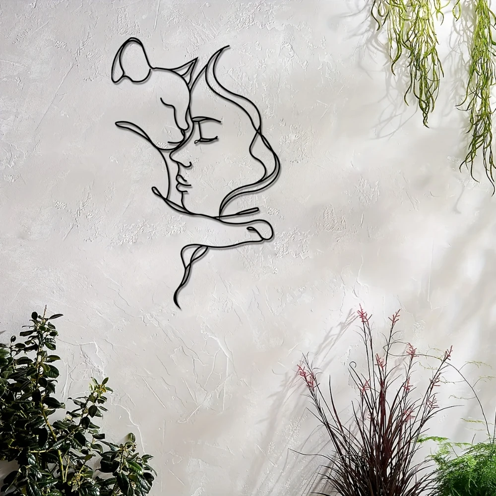 لوحة فنية معدنية أنيقة على شكل قطة وامرأة ، صورة ظلية سوداء بسيطة ، مثالية لمحبي القطط ، ديكور منزلي متطور