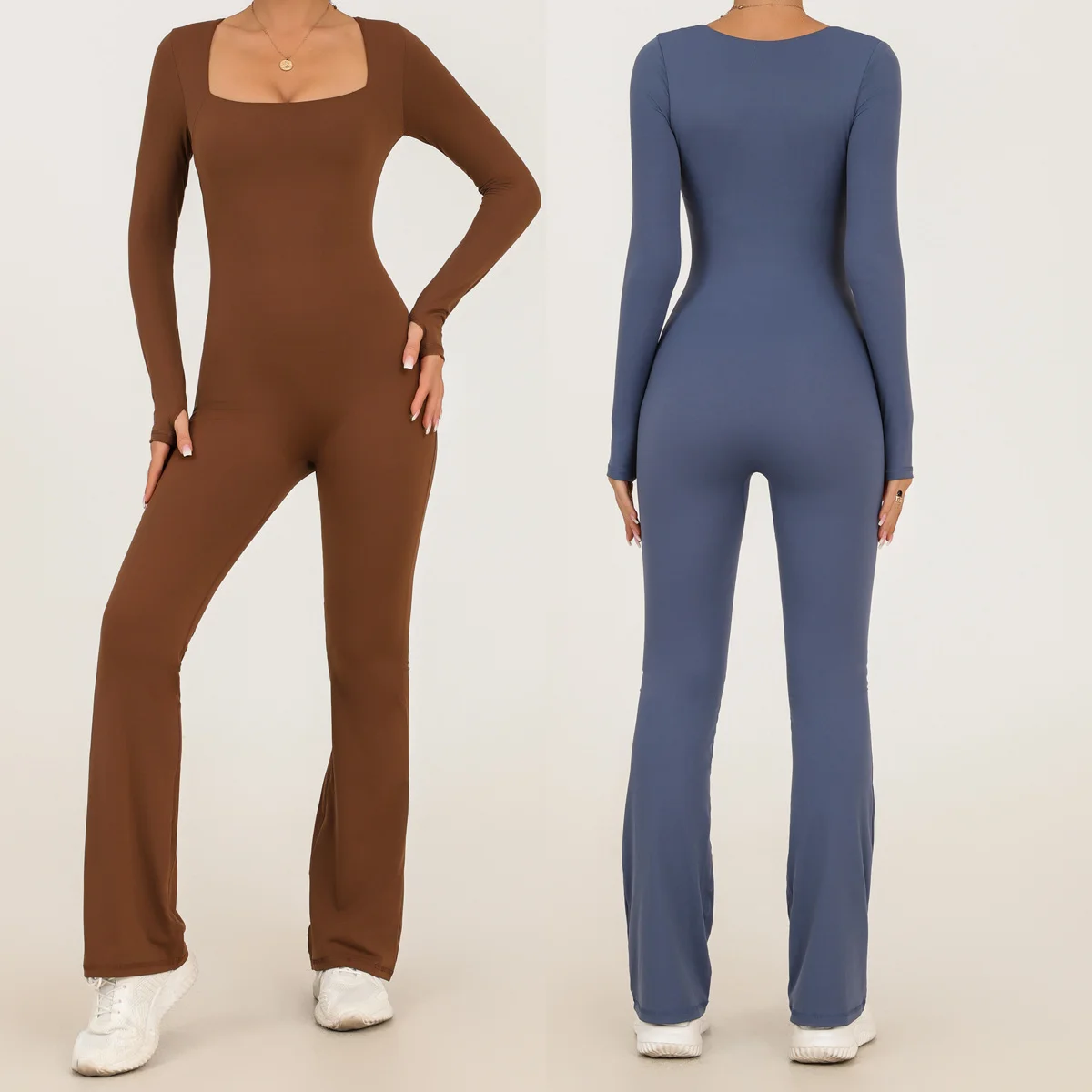 

Women Sexy One-Piece Jumpsuit Square Collar Long Sleeves Flares Bodysuit Fashion Slim Ladies Streetwear Y2k Style Fitness Suit