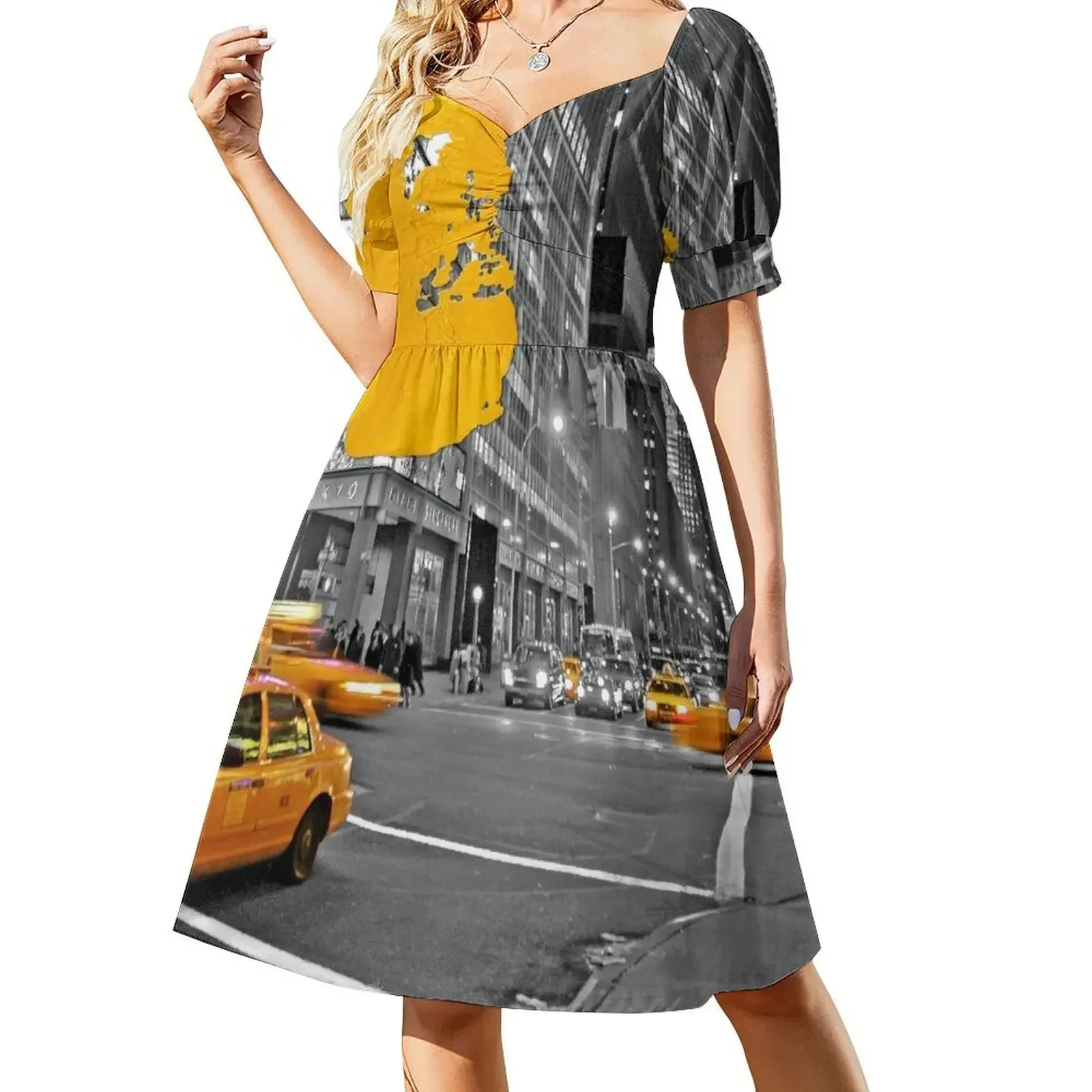 

NYC Yellow Cabs - At Night - Brush Stroke Short-Sleeved Dress Dress women loose women's dress women dresses