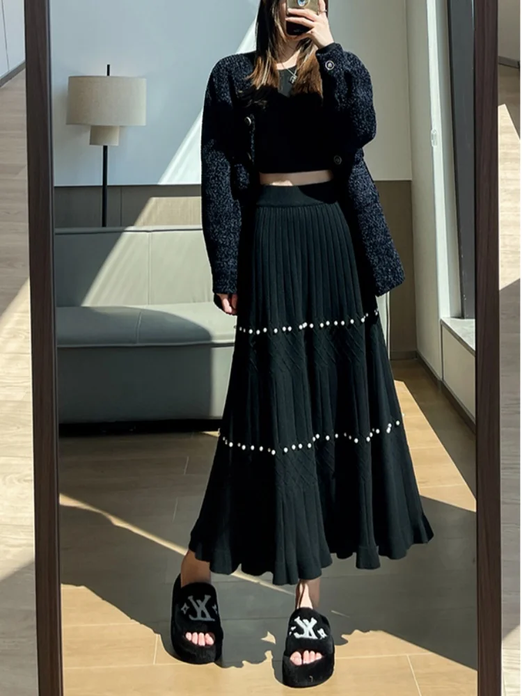 SMTHMA ソフトスティッキーデザインビーズニットスカート レディース ハイウエストスリムスカート レディース Aラインカジュアルロングスカート