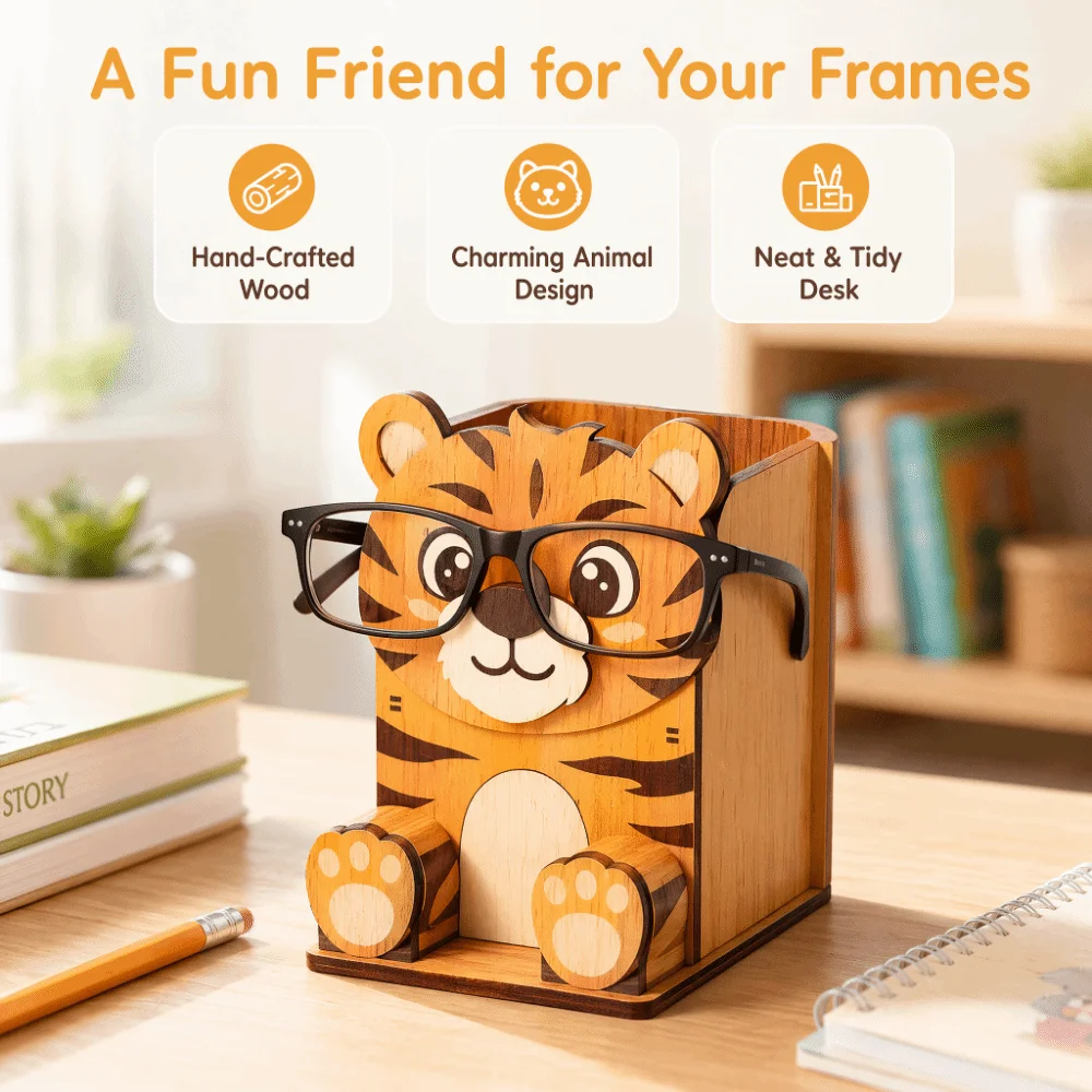 Hand Carved Animal Glasses Holder Wooden Material 3D Design Pen Holder Rack Cartoon Shape Multi-Functional Phone Display Stand