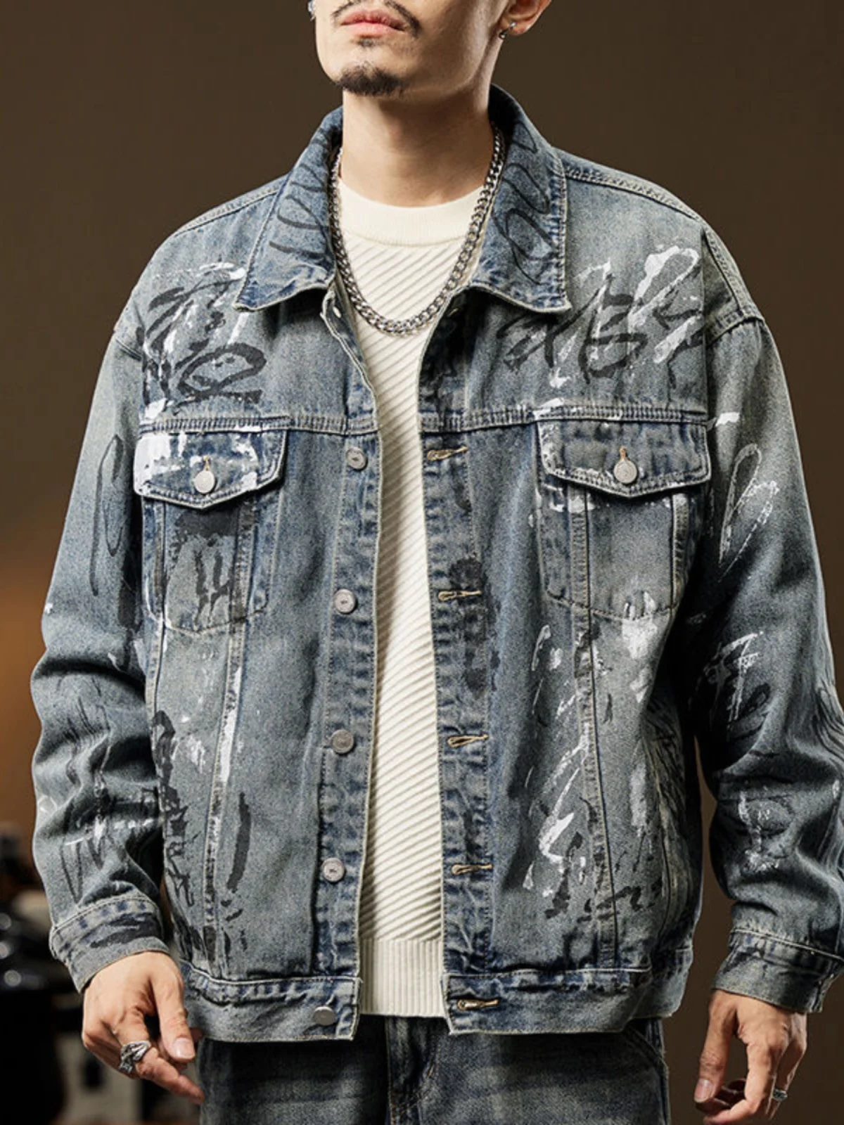 

American fiti Hand-Painted Loose Fit Men's Denim Jaet 2024 New Retro Workwear Jaet Spring Autumn Youth Faion