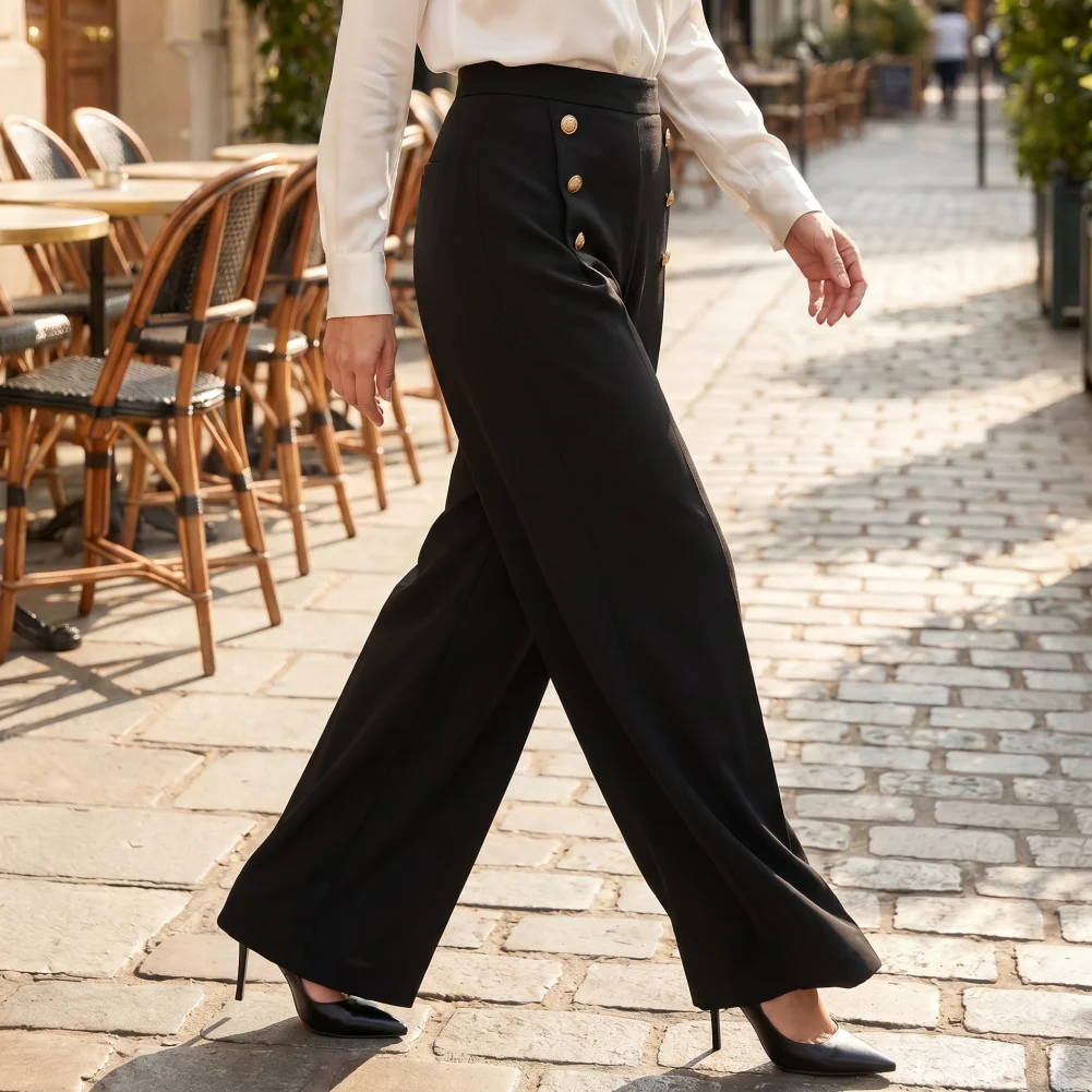 

Women Solid Color Trousers Women’s High Waist Wide Leg Pants Elastic Trousers with Button Detail Loose Fit Solid Color Work