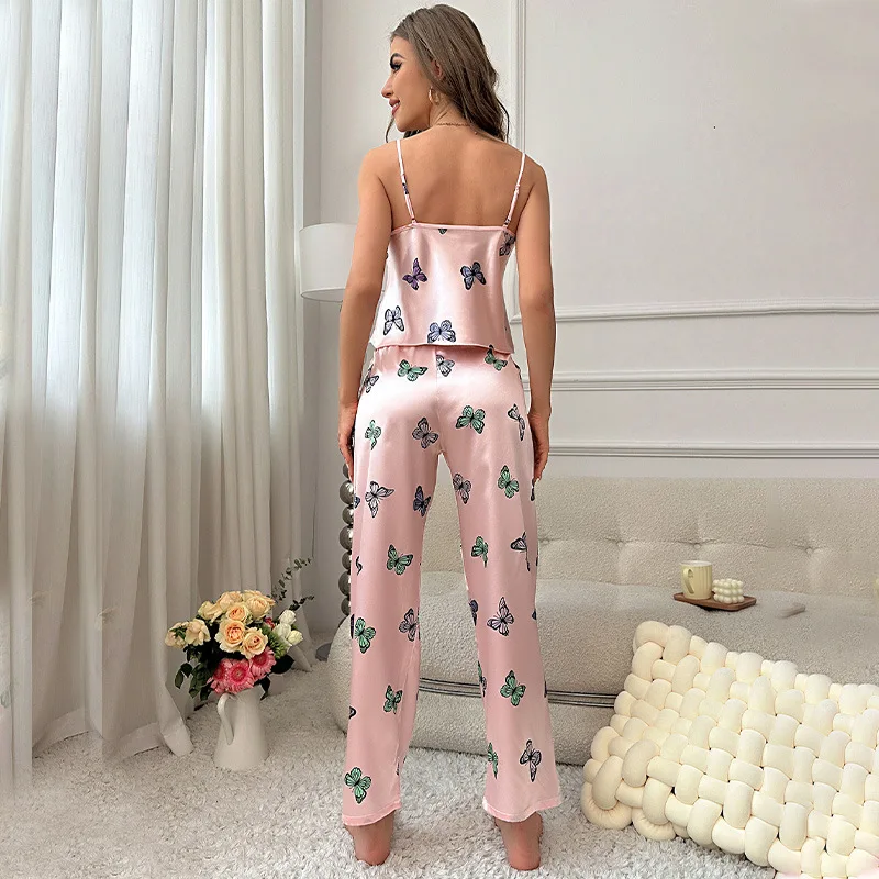 Pink Butterfly Print Pattern Pajamas Suspender Top and Ankle-length Pants Two Piece Set Thin Imitation Silk Home Suit for Women