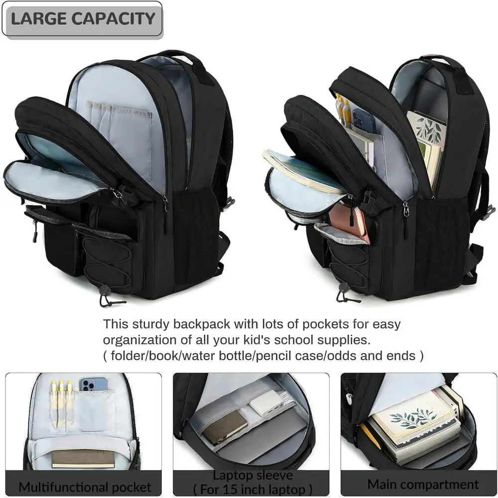 Водостойкий рюкзак для ноутбука 15,6 с несколькими карманами для школы, путешествий и приключений на свежем воздухе (черный)