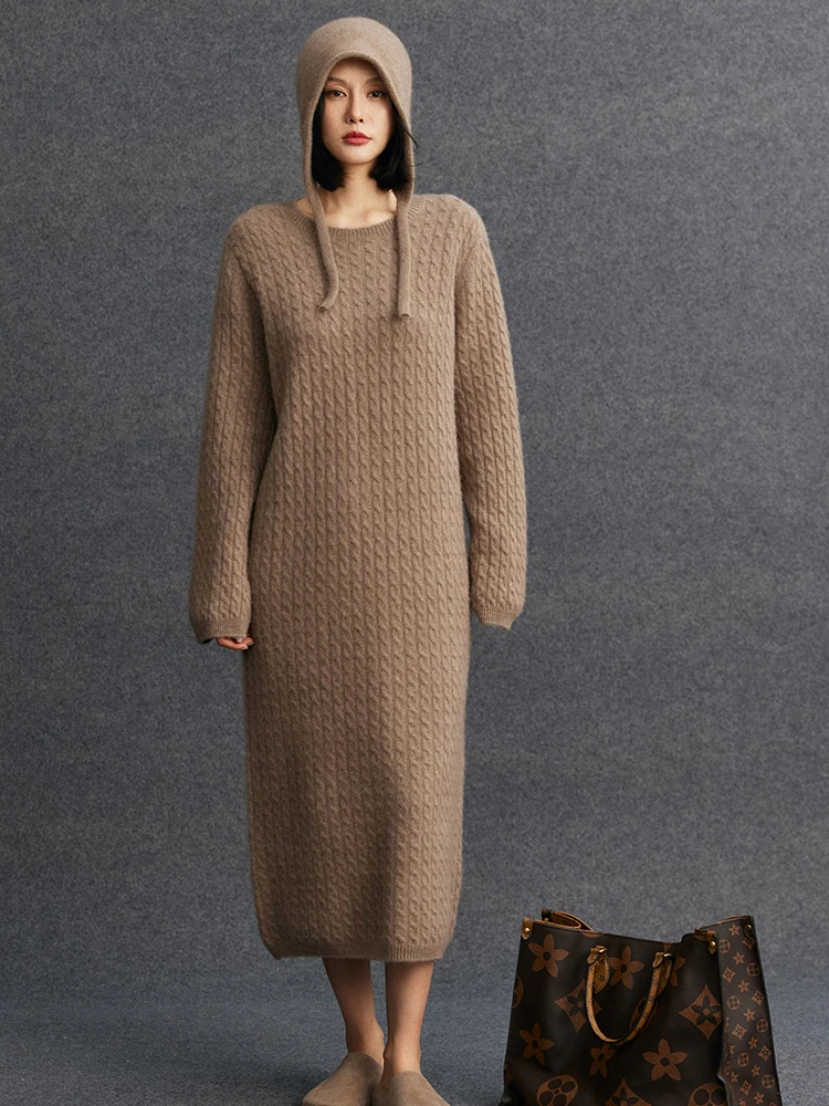 

Женское платье-свитер TLOML из 100% кашемира с круглым вырезом, цельное, крупной вязки, осенне-зимнее, толстое, из кашемирового трикотажа, элегантное, свободного кроя