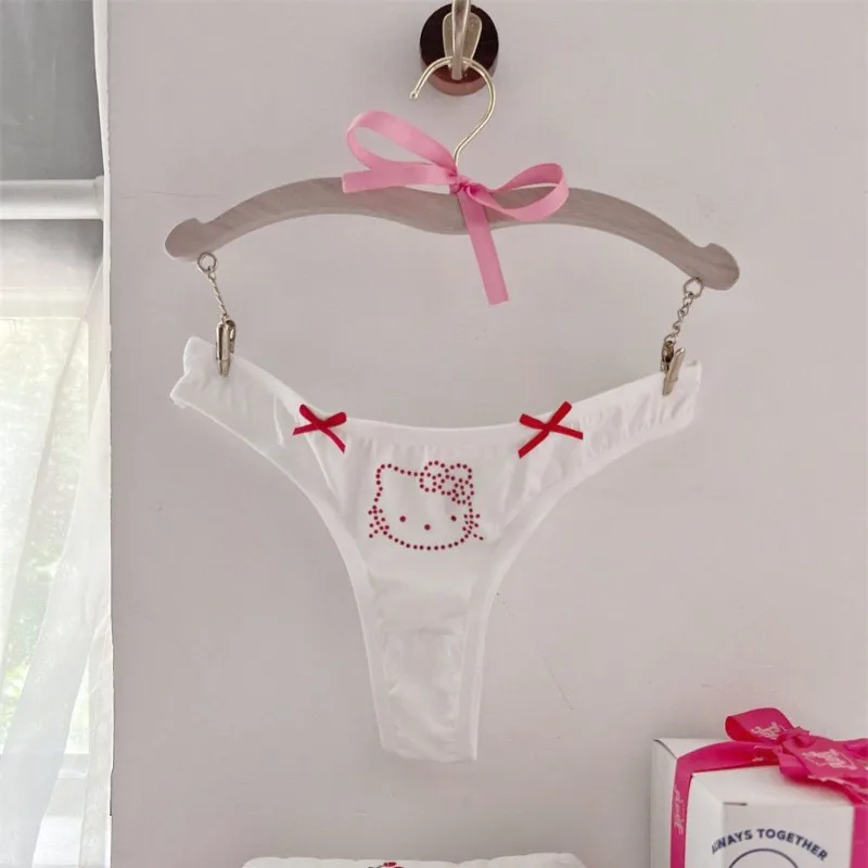 Sanrio hello kitty sexy mulher diamante incrustado tanga dos desenhos animados sexy meninas cintura baixa puro algodão cuecas esportivas doces meninas presentes