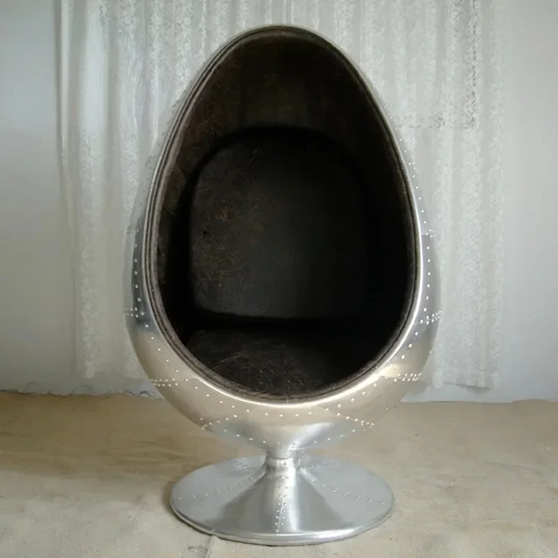 A   Aluminum Leather Egg Chair Creative Fashion Sofa Egg Shell Chair Fiberglass Lounge Chair