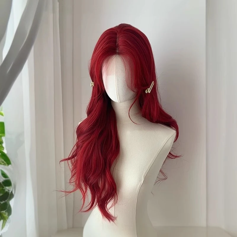Red lace front wig women, full head cover, large wavy long hair, versatile for cosplay, with bangs
