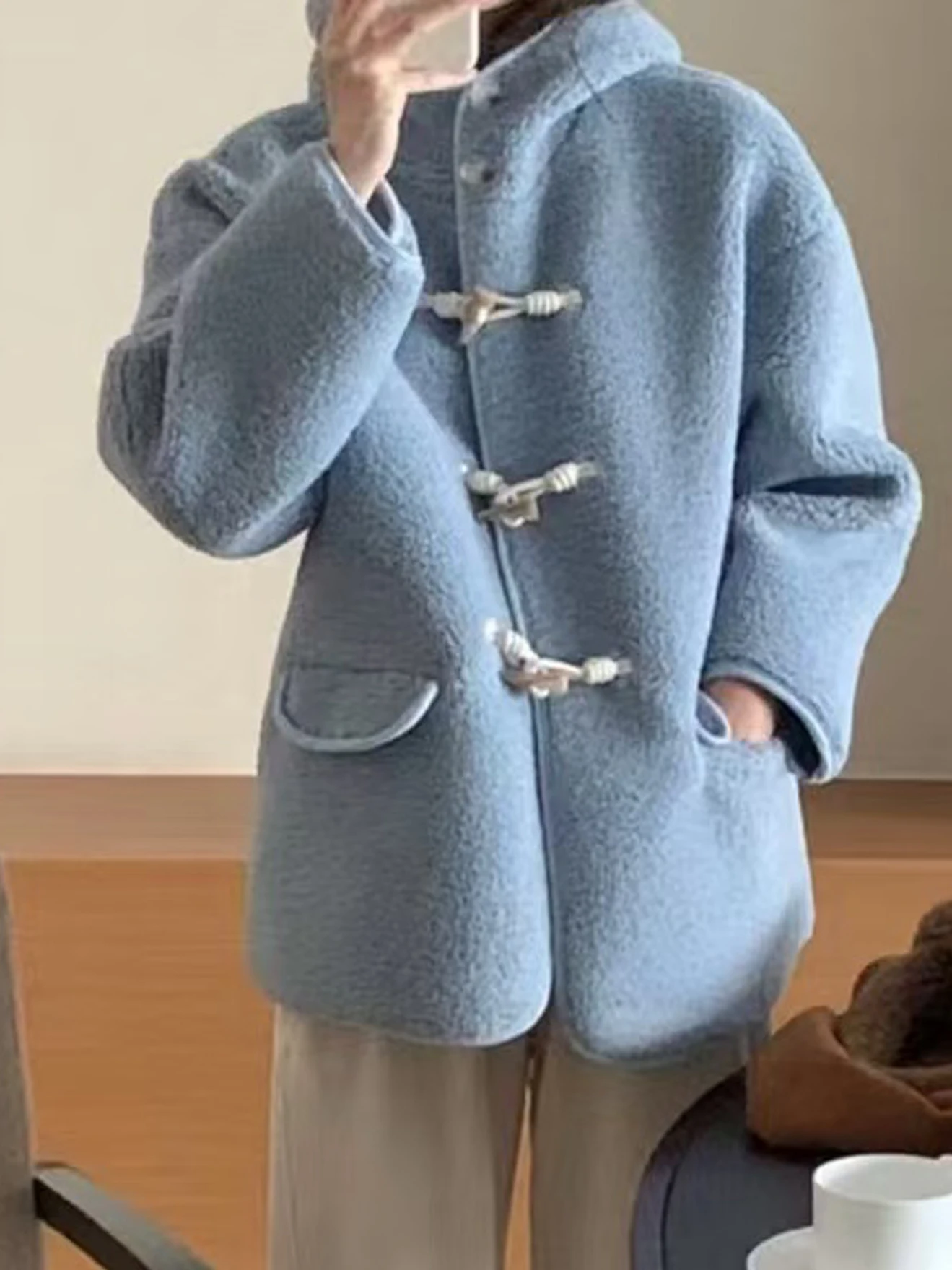 Carino coreano Sle ort Fur Jaet cappello invernale da donna design vestibilità ampia cappotto grande bottone ad angolo caldo adorabile college Sle