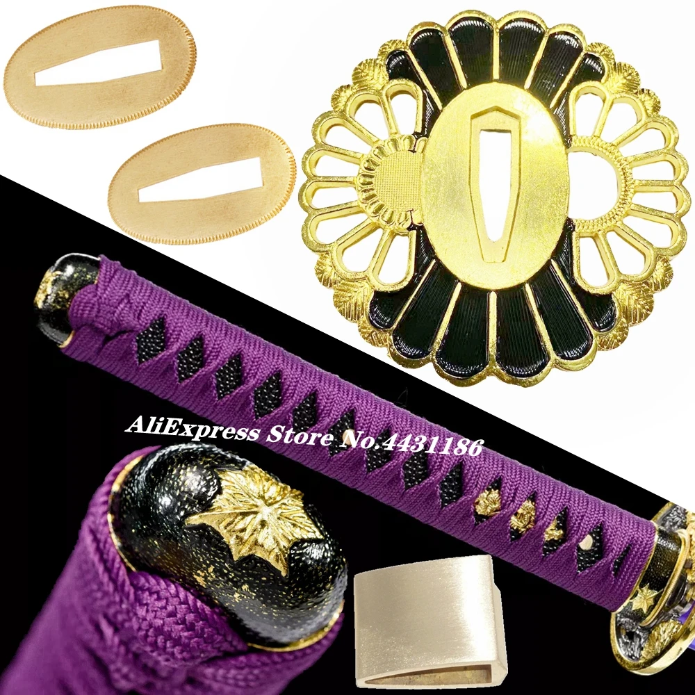 

26cm*Purple Ito Katana Tsuka Japanese Sword Guard Alloy Fittings Set Tsuba+Menuki+Fuchi+Kashira+Handle+Habaki+Seppa Accessory