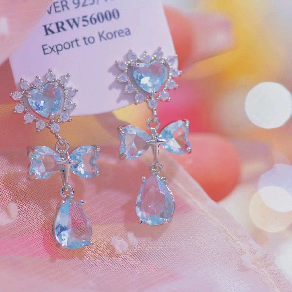 ต่างหูโบว์สีฟ้าแบบน่ารักต่างหูเจ้าหญิงสุดเท่สไตล์นางฟ้าในฝัน