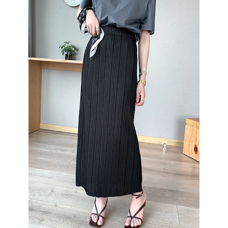 YUDX 2025 Women's Pleated Maxi Skirt High Waist Vertical Stripe Gray Blue Long Skirt Casual Daily Fashion Comfortable Wear