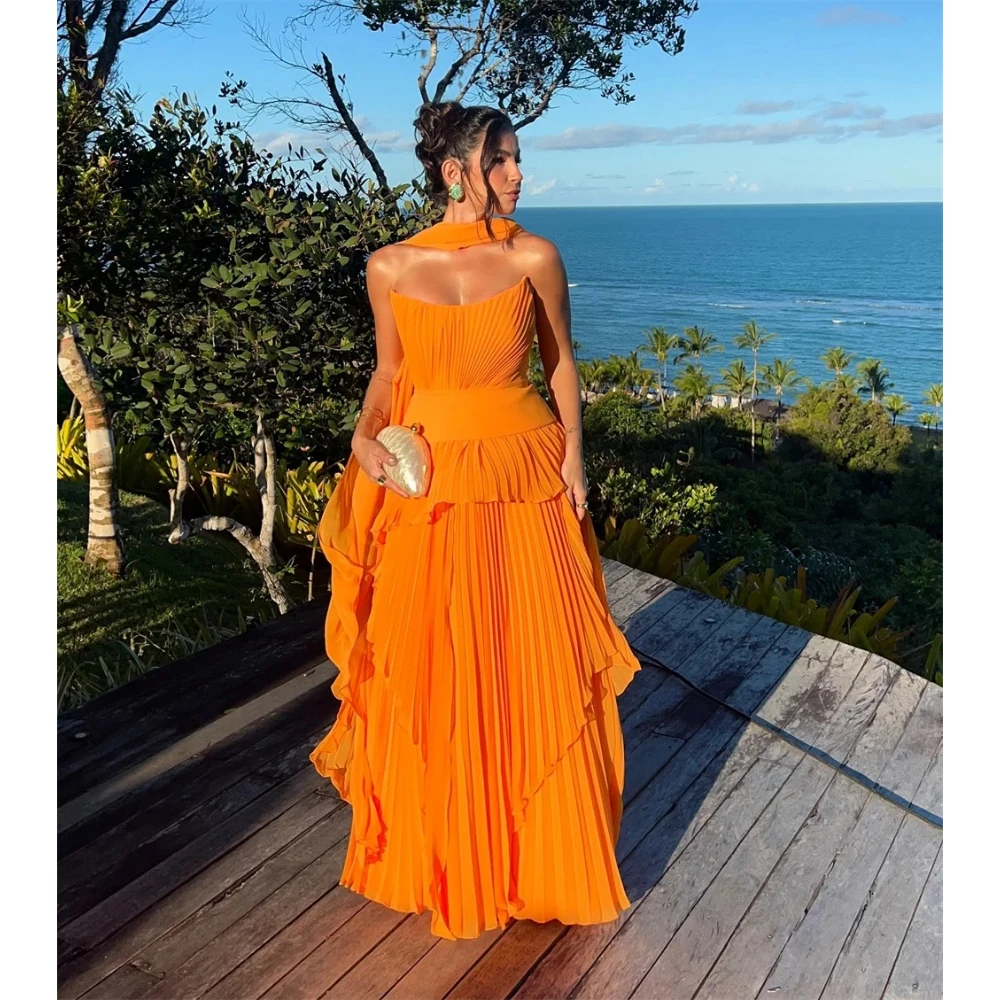 Orange Prom Dress Customized Strapless Draped Chiffon A-line Evening Dresses with Scarf Backless Floor Length Party Gowns image 2