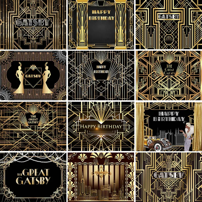 Mocsicka grande gatsby decoração pano de fundo fotografia feminino aniversário dourado preto luxo foto fundo estúdio cartaz banner