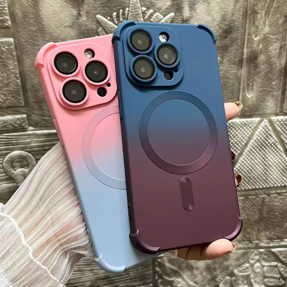 Luftkissenhülle für iPhone 16, 15, 14, 13, 12 Pro Max Plus, schrittweise flüssiges Silizium, magnetische Mag-Safe-Lade-Kamera-Filmhülle