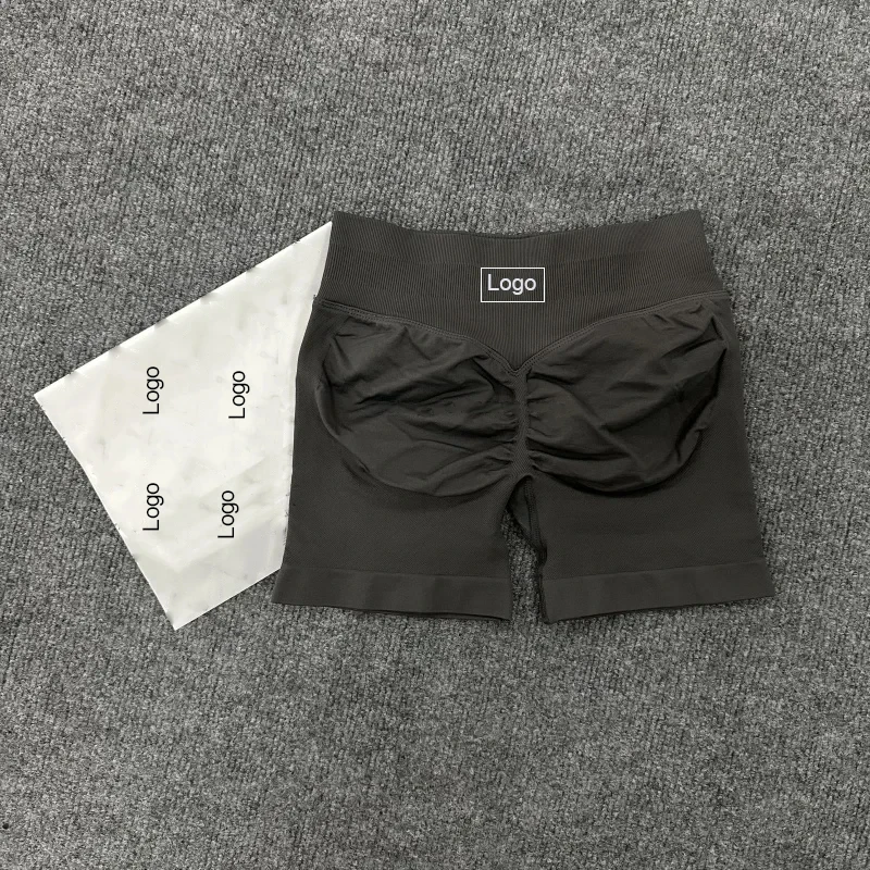 Pantaloncini da corsa elasticizzati alti con logo D Booty Pantaloncini da impatto Pantaloncini da palestra per allenamento Scrunch senza cuciture Pantaloncini da yoga con fascia in vita bassa a coste
