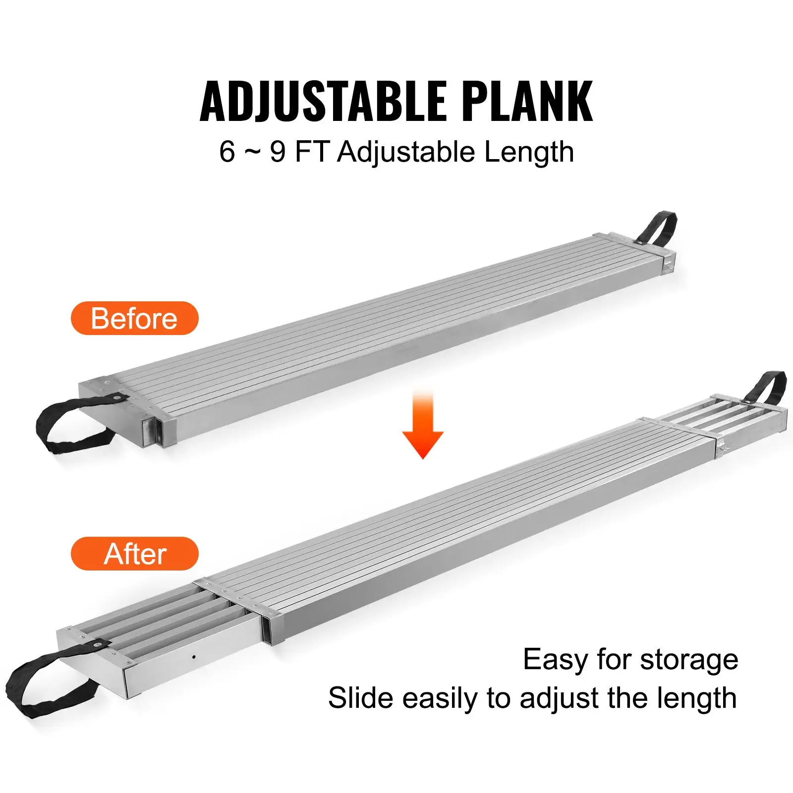 Telescoping Aluminum Work Plank, 6-9 Feet 500lbs Capacity, 12.5 inch Width Scaffold,Extension Staging with Skid-Proof Platform