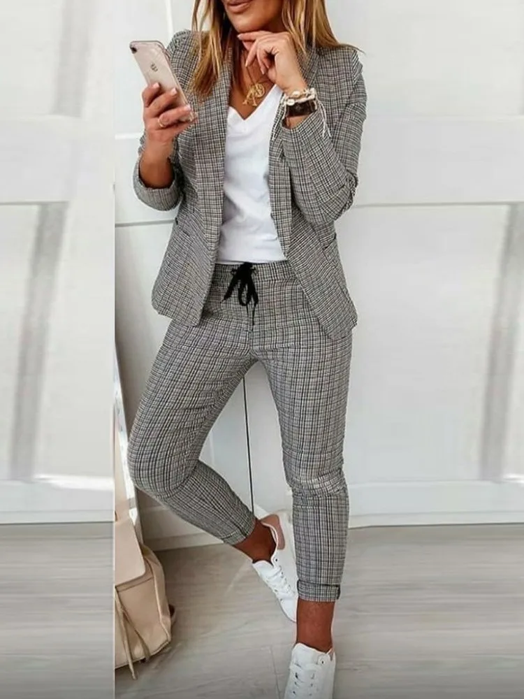 New Autumn Winter Plaid Printing Two Piece Sets Women Casual Notched Collar Blazer & Pants Set Outfits Fashion Elegant Suit Sets