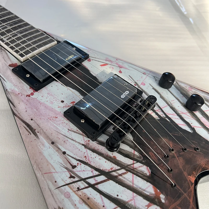 Factory Custom V-Shaped Electric Guitar with Splatter Finish, 24-Fret Dual Pickups, Metal Rock Performance Exotic Electric Guitar