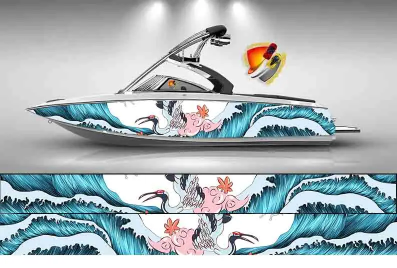 Beauty Sea Wave Crane Printing Fishbone Graphic Vinyl Waterproof Boat Wrap Decal Decoration Fits Any Boat Custom Image & Size