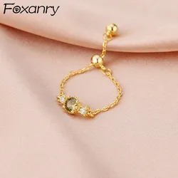 Foxanry Gold Color Green Zircon Pull Rings For Women Girls New Fashion Elegant Sweet Gentle Creative Wedding Bride Jewelry Gifts