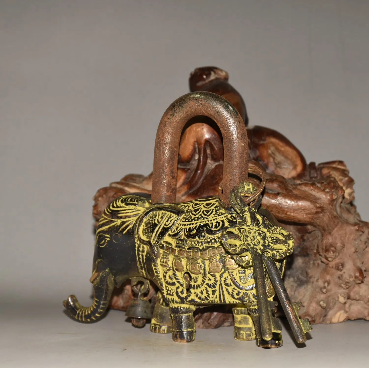 Collect Chinese Bronze Elephant Jambhala Statue China Ancient Lock and Key Set #2