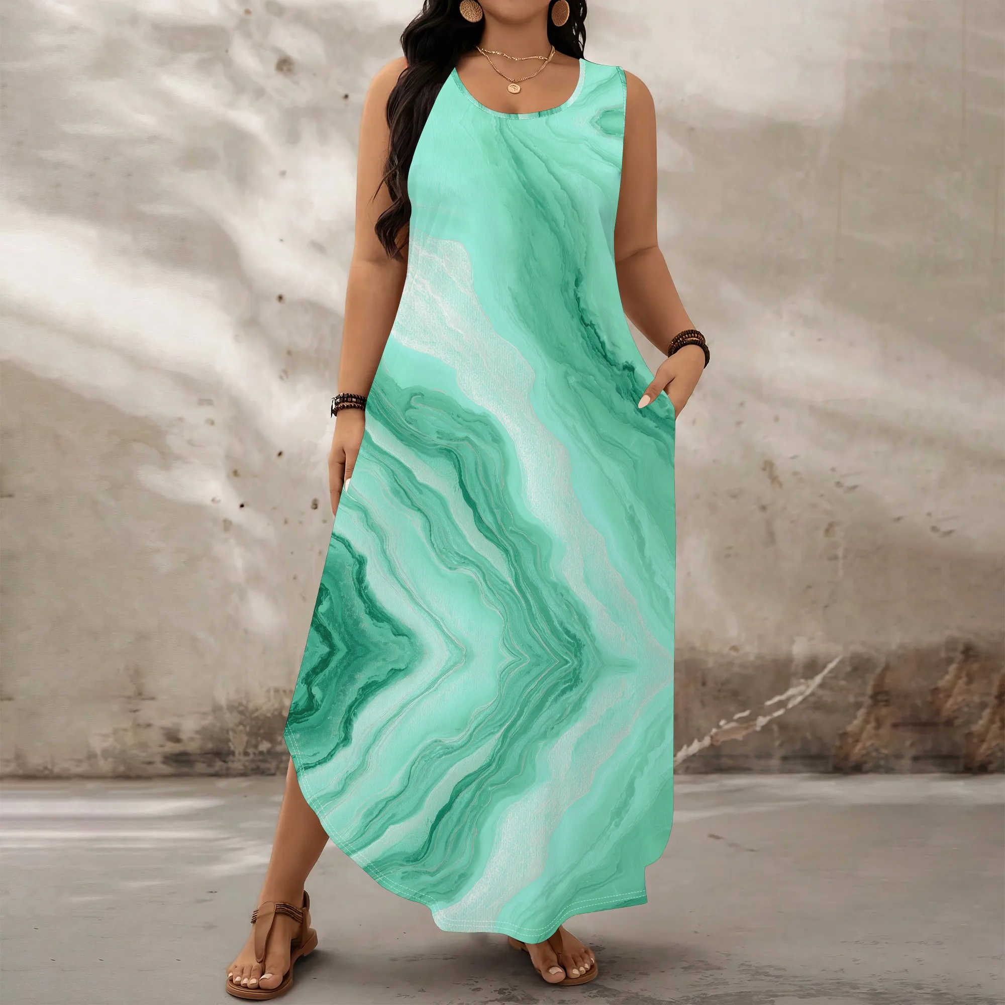 

Women Plus Size Sleeveless Maxi Dress Mint Green Marble Print Casual Summer XL-6XL