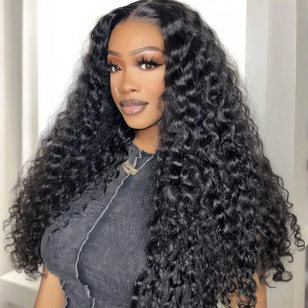 

Глубокая волна, человеческие волосы, кружевной передний парик, HD, прозрачный кружевной парик, предварительно выщипанные детские волосы, бесклеевой, плотность 200, натуральный черный парик, 46 дюймов