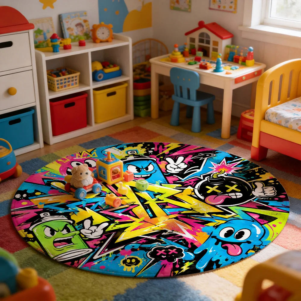 Fun Pop Art Cartoon Characters Round Area Rug for Living Room Play Mat Vibrant Graffiti Style Home Decor