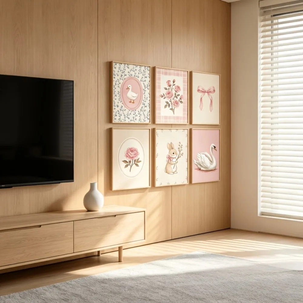 6pcs frameless Canvas Painting 6pcs Frameless,Bedroom and Dormitory,Pastel Pink Wall Art,Painting with Rabbit,Swan,Duck Plant Po
